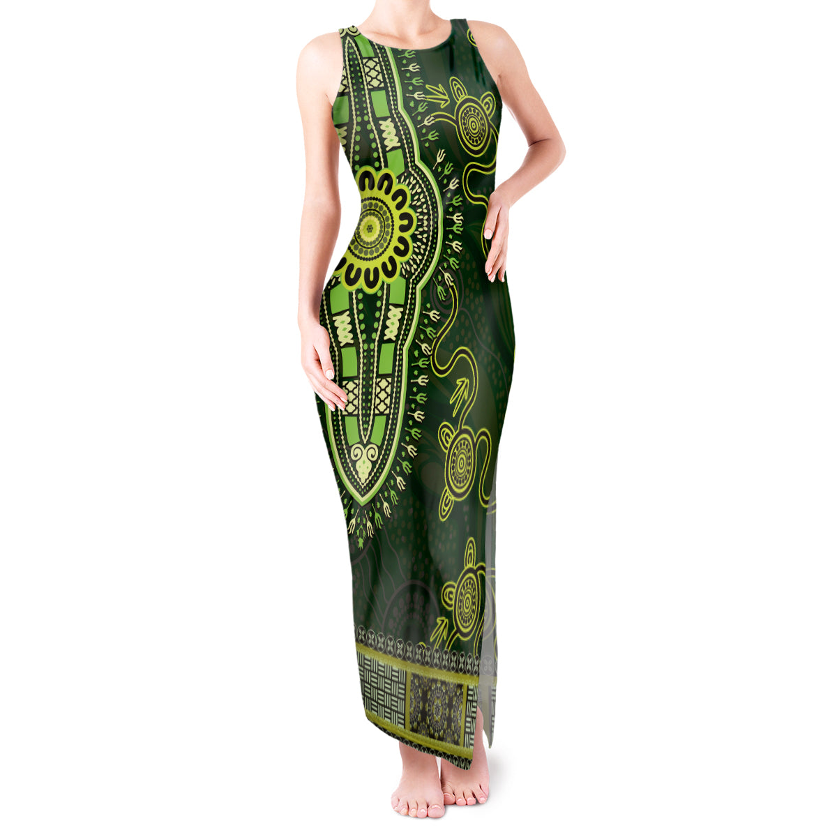 Lime Green African Dashiki With Australia Aboriginal Art Tank Maxi Dress