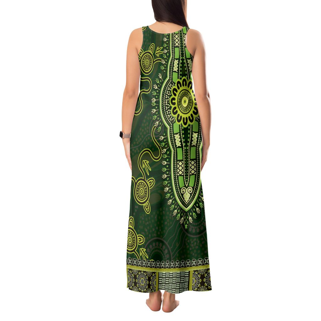 Lime Green African Dashiki With Australia Aboriginal Art Tank Maxi Dress