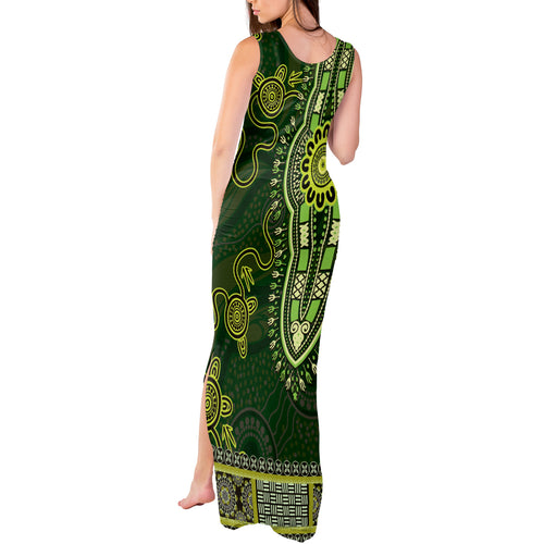 Lime Green African Dashiki With Australia Aboriginal Art Tank Maxi Dress