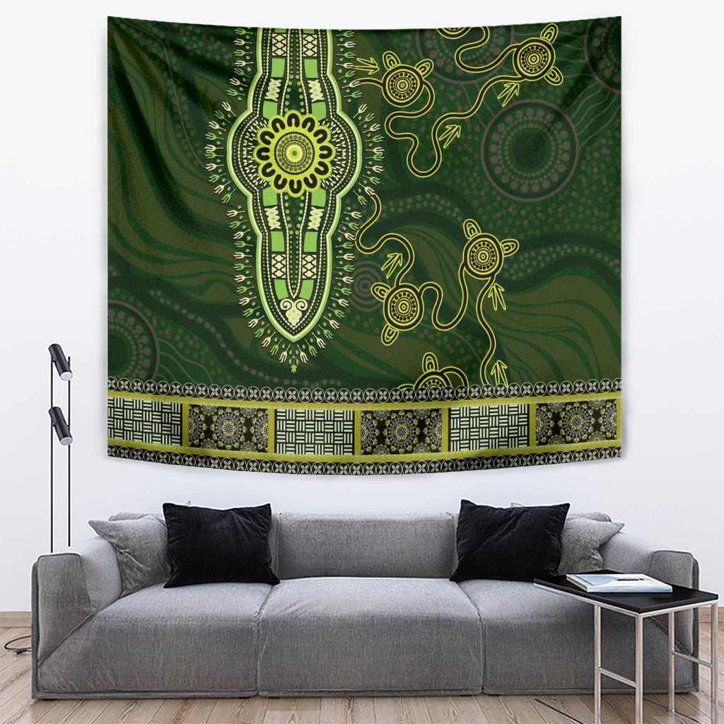 Lime Green African Dashiki With Australia Aboriginal Art Tapestry