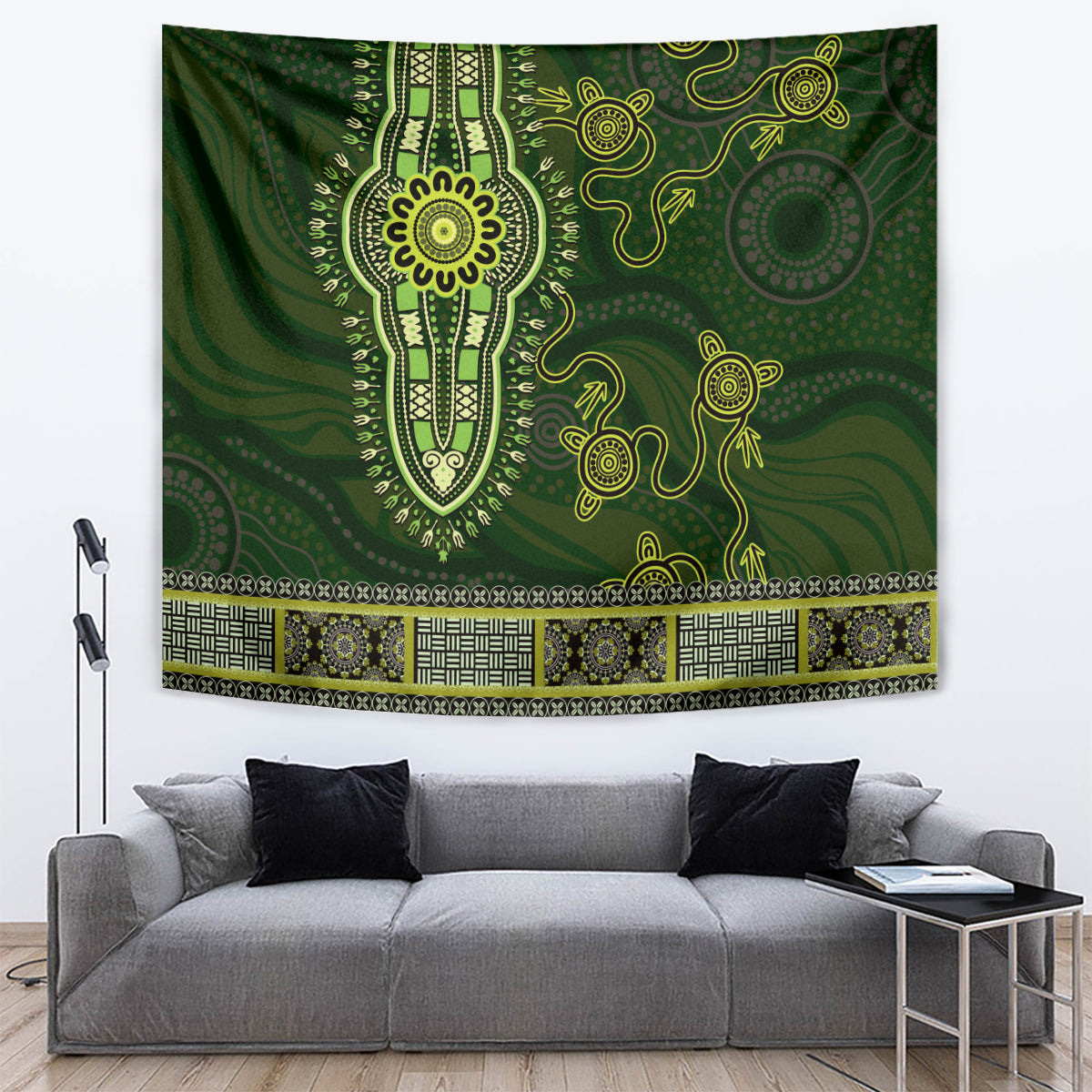 Lime Green African Dashiki With Australia Aboriginal Art Tapestry
