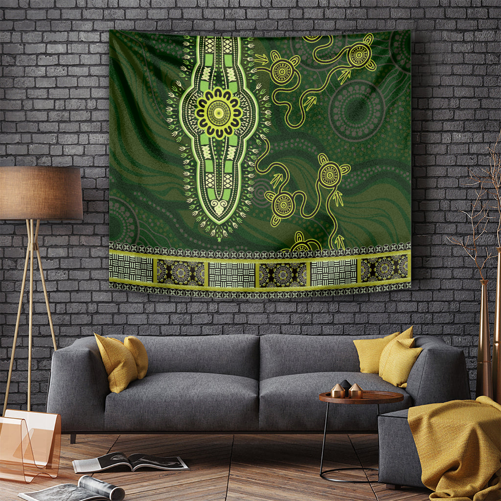 Lime Green African Dashiki With Australia Aboriginal Art Tapestry