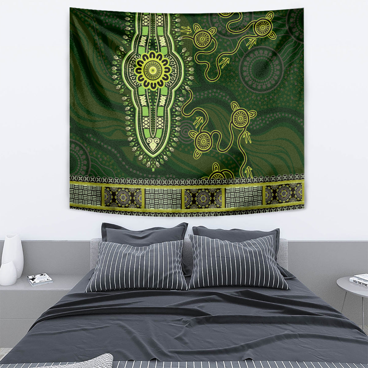 Lime Green African Dashiki With Australia Aboriginal Art Tapestry