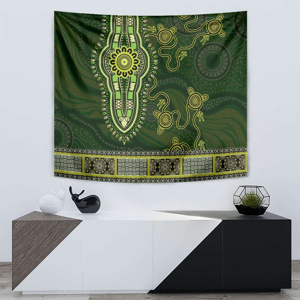 Lime Green African Dashiki With Australia Aboriginal Art Tapestry