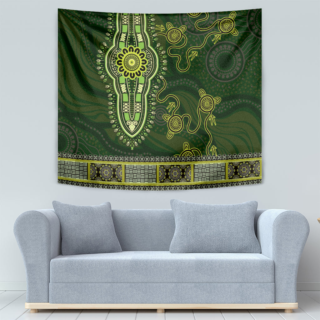 Lime Green African Dashiki With Australia Aboriginal Art Tapestry