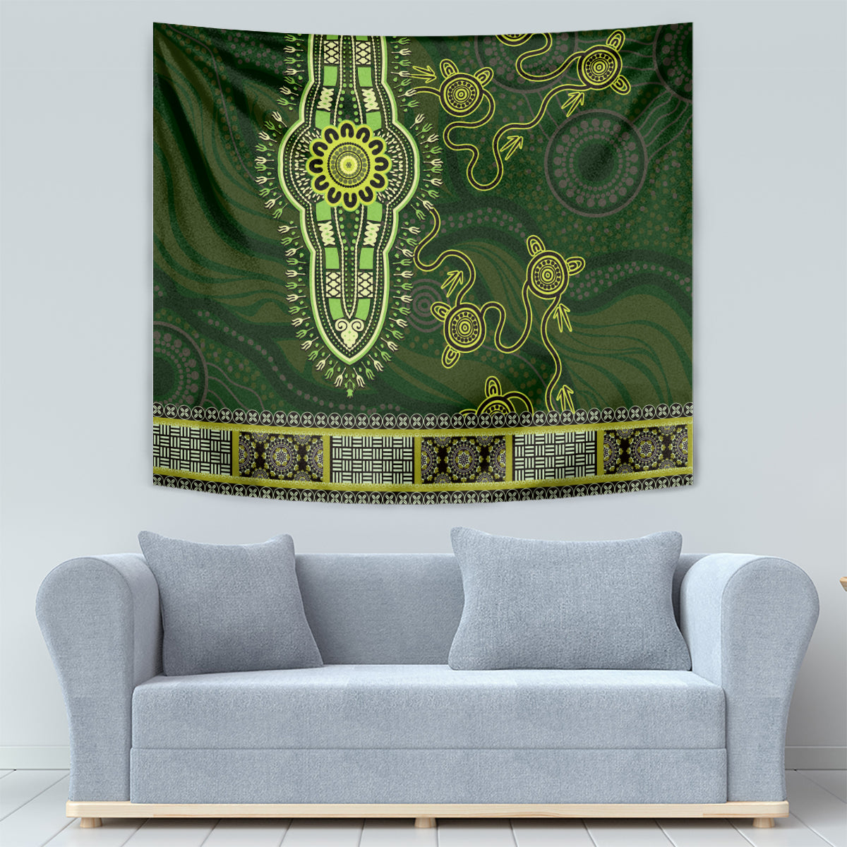 Lime Green African Dashiki With Australia Aboriginal Art Tapestry