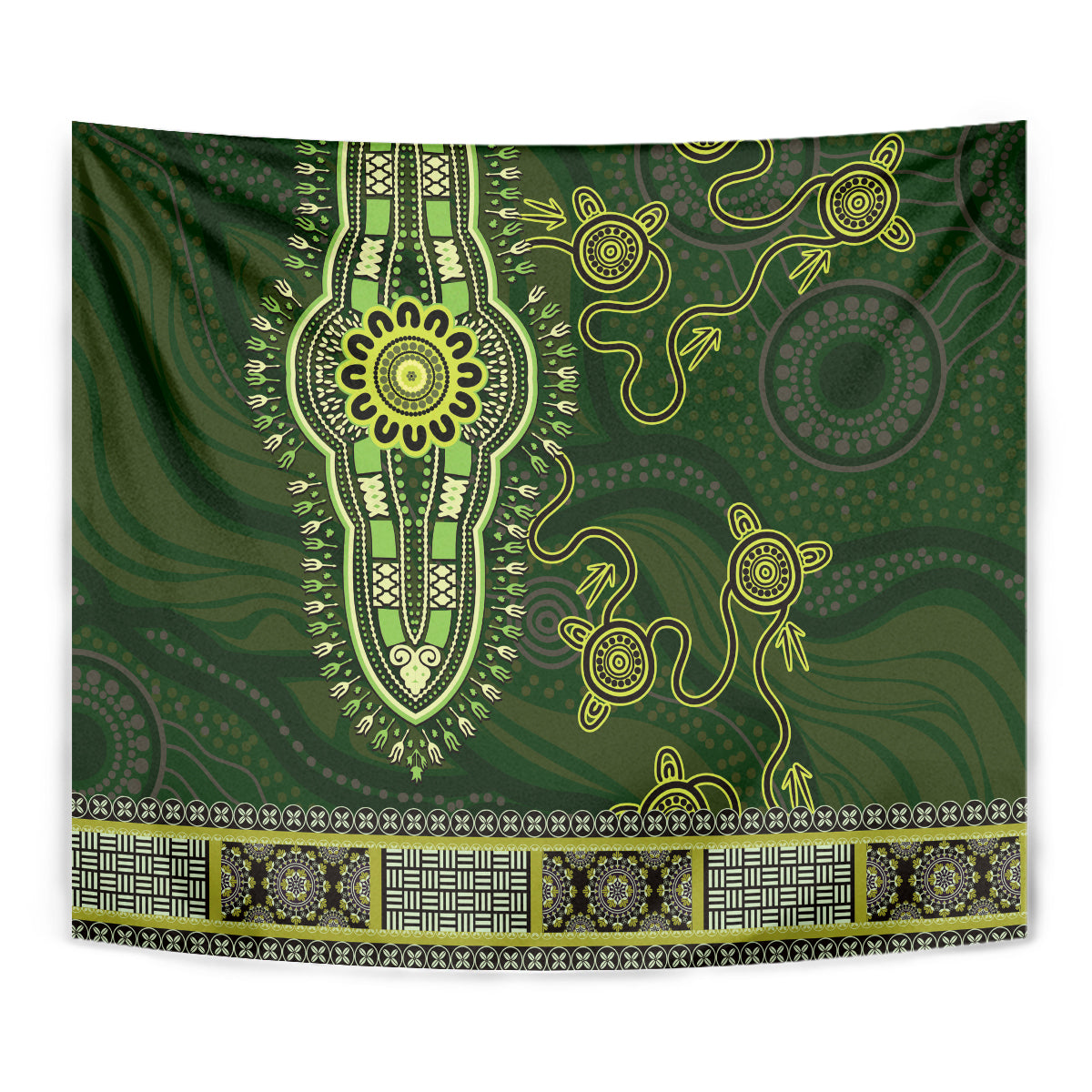 Lime Green African Dashiki With Australia Aboriginal Art Tapestry