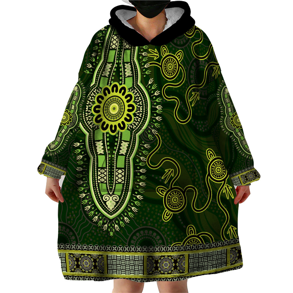 Lime Green African Dashiki With Australia Aboriginal Art Wearable Blanket Hoodie