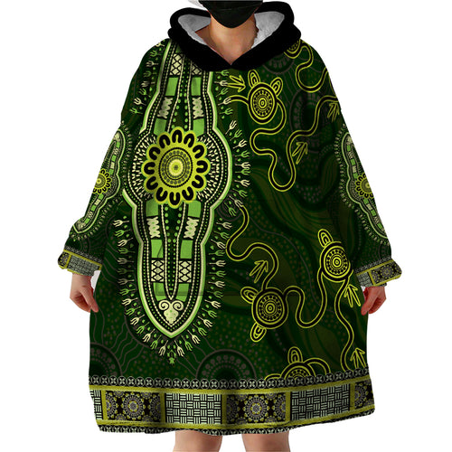Lime Green African Dashiki With Australia Aboriginal Art Wearable Blanket Hoodie