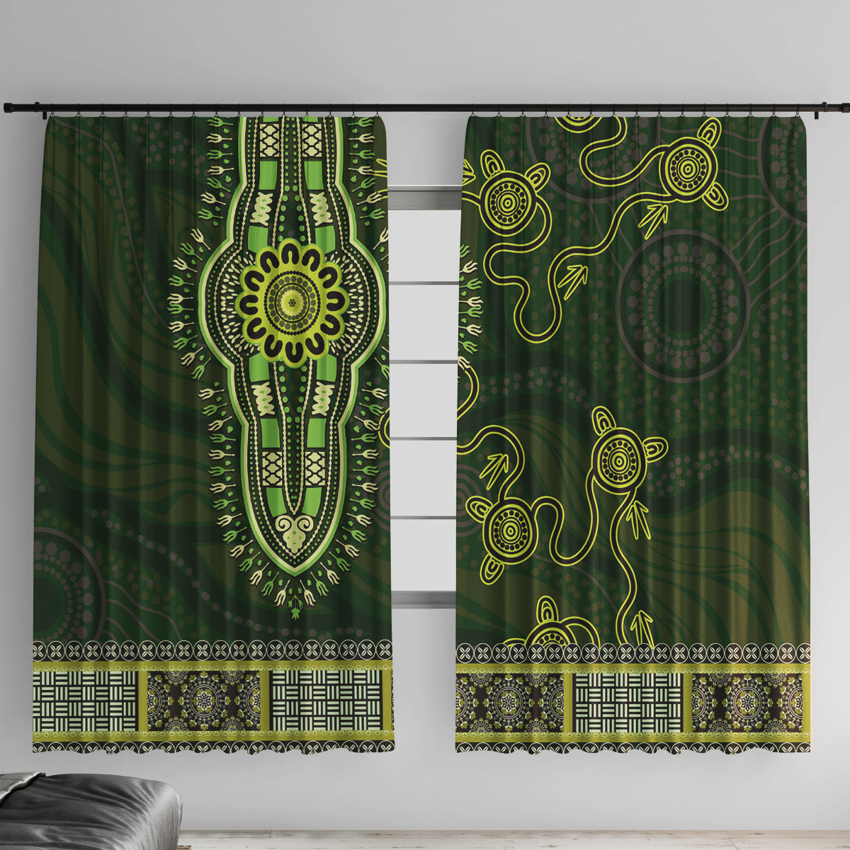 Lime Green African Dashiki With Australia Aboriginal Art Window Curtain