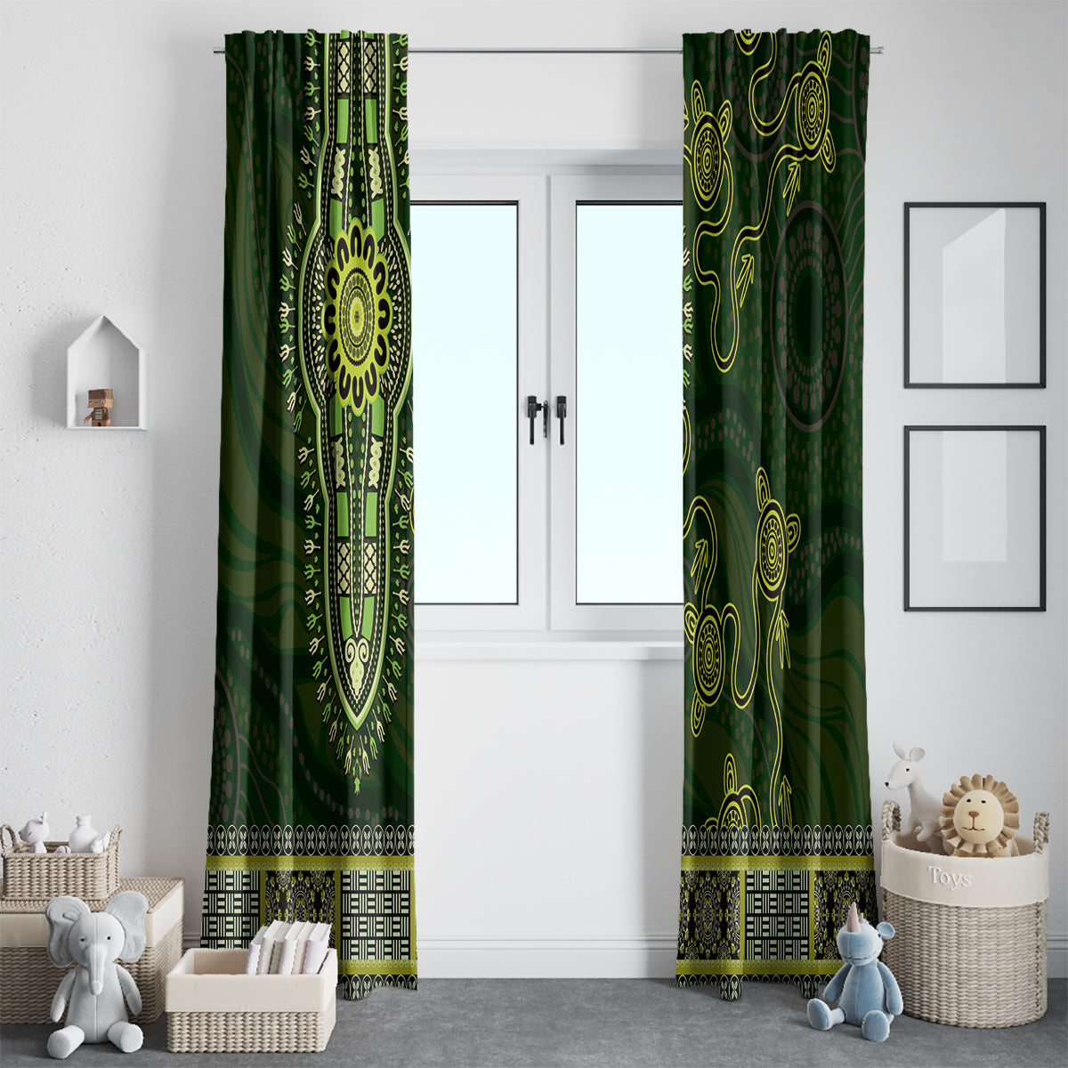 Lime Green African Dashiki With Australia Aboriginal Art Window Curtain