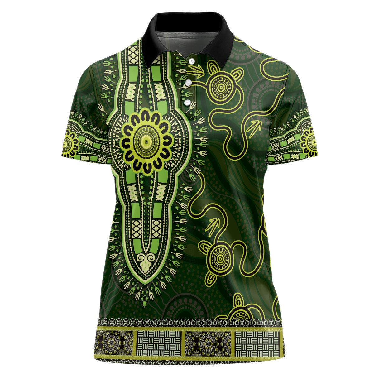 Lime Green African Dashiki With Australia Aboriginal Art Women Polo Shirt