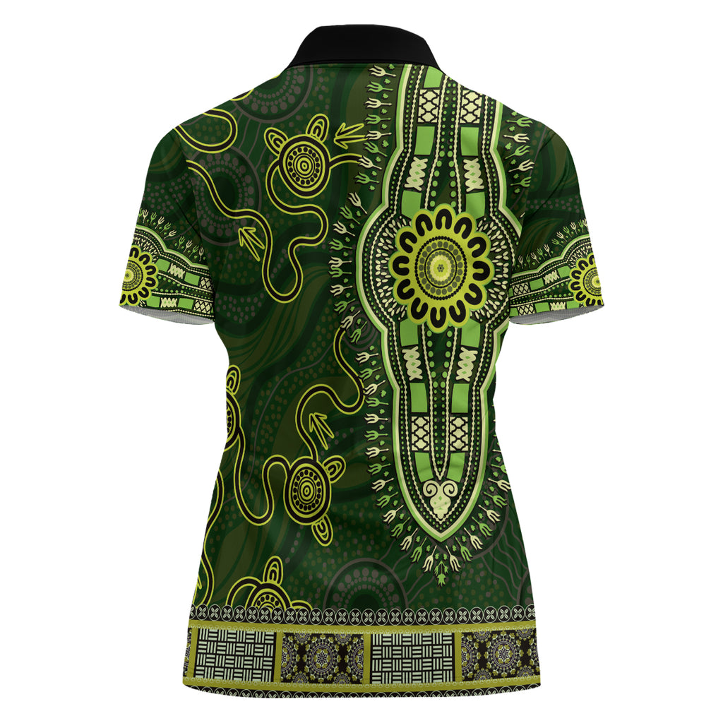 Lime Green African Dashiki With Australia Aboriginal Art Women Polo Shirt