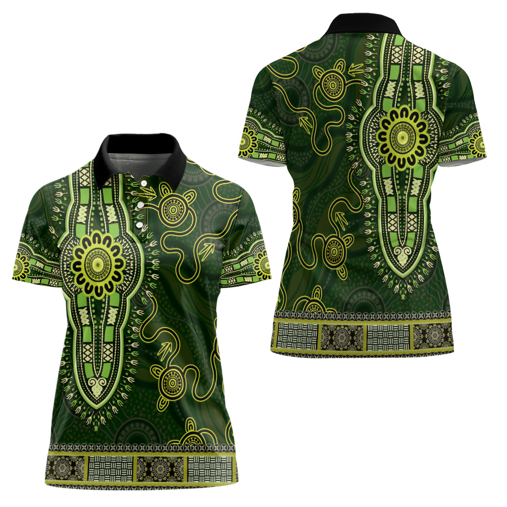 Lime Green African Dashiki With Australia Aboriginal Art Women Polo Shirt