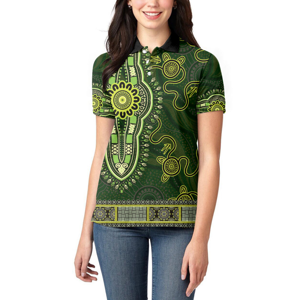 Lime Green African Dashiki With Australia Aboriginal Art Women Polo Shirt