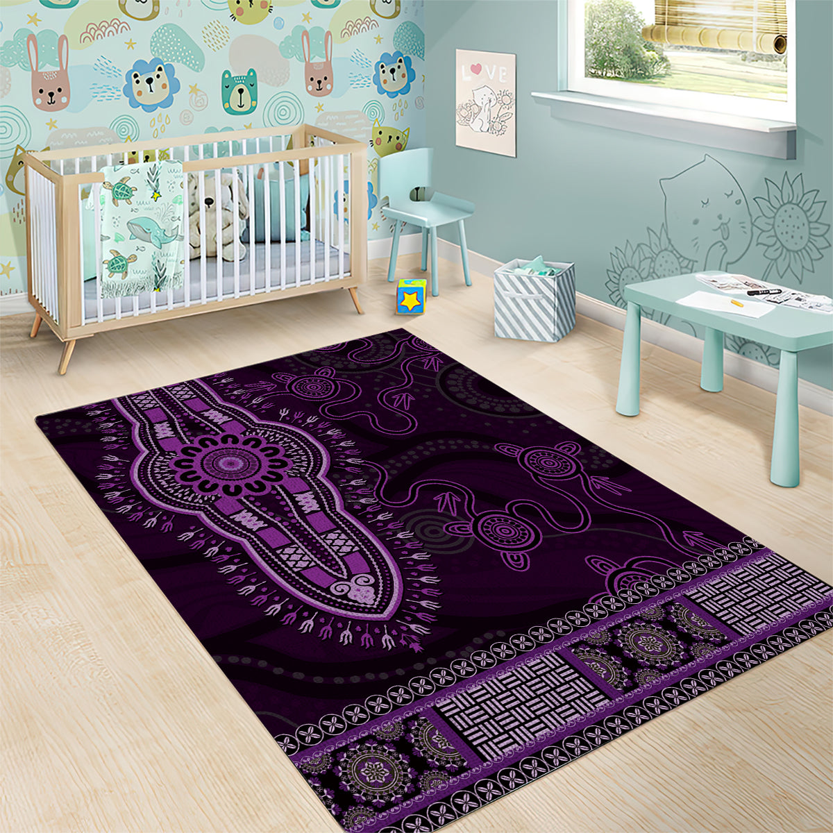Purple African Dashiki With Australia Aboriginal Art Area Rug