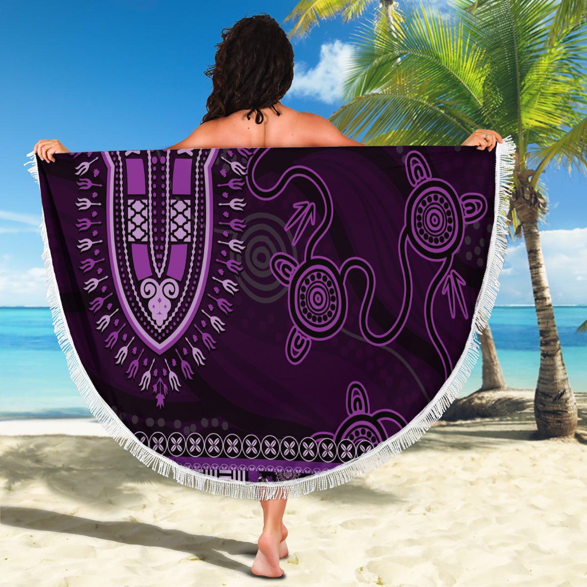 Purple African Dashiki With Australia Aboriginal Art Beach Blanket