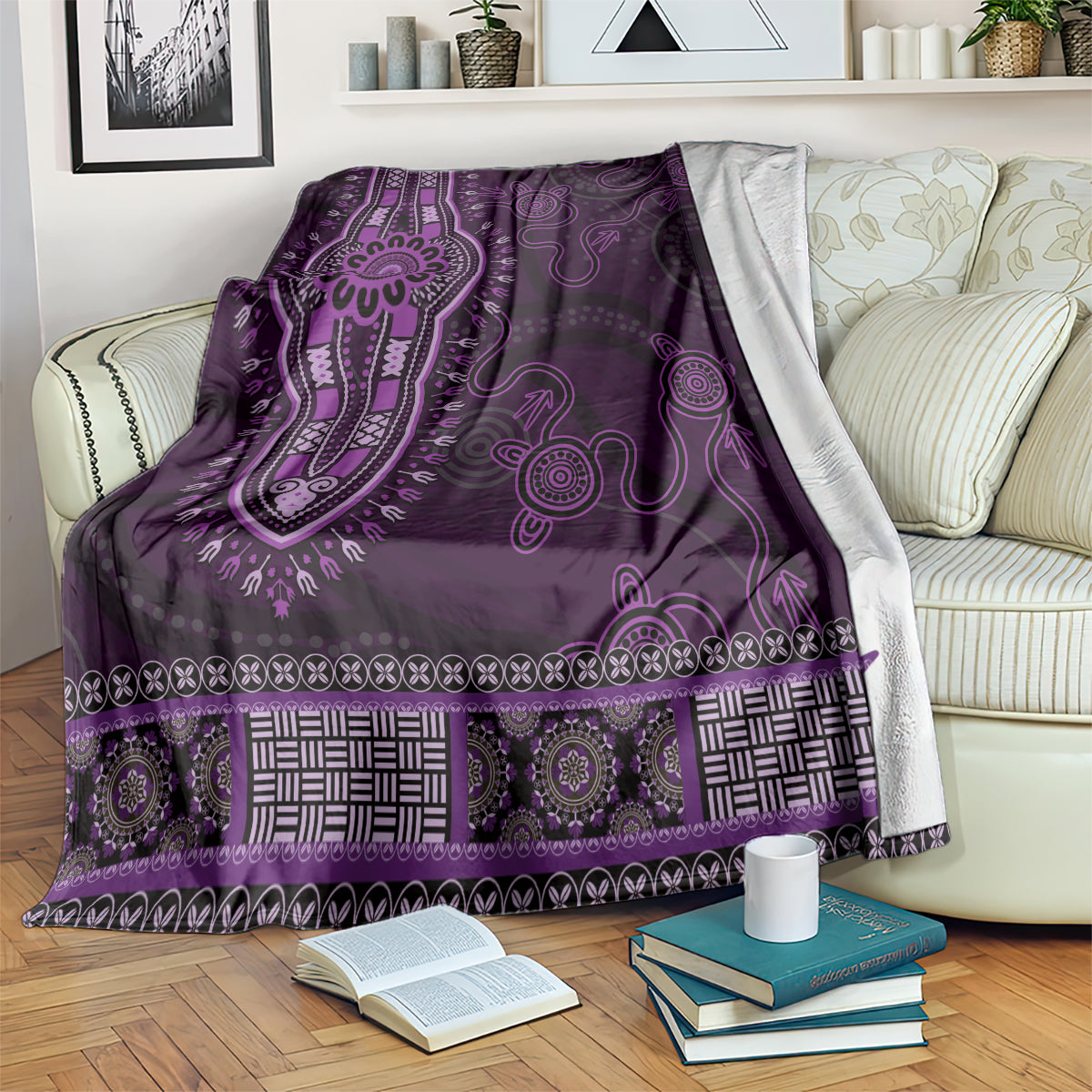 Purple African Dashiki With Australia Aboriginal Art Blanket
