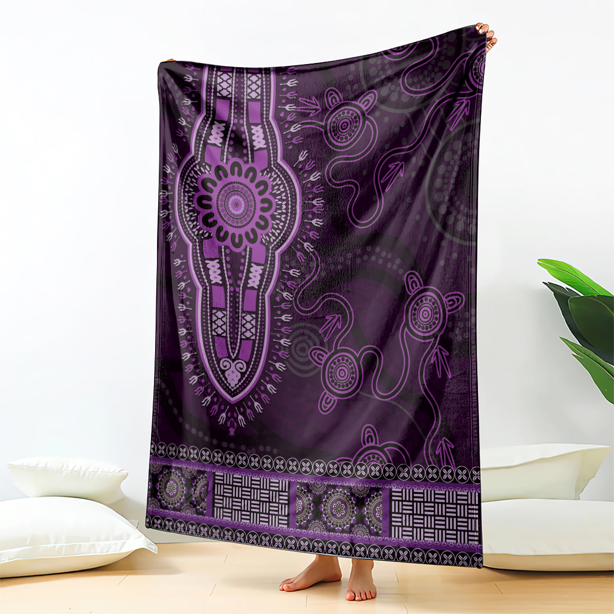 Purple African Dashiki With Australia Aboriginal Art Blanket