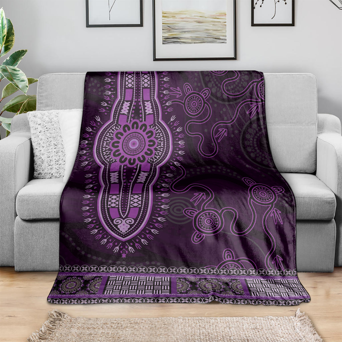 Purple African Dashiki With Australia Aboriginal Art Blanket