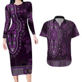 Purple African Dashiki With Australia Aboriginal Art Couples Matching Long Sleeve Bodycon Dress and Hawaiian Shirt
