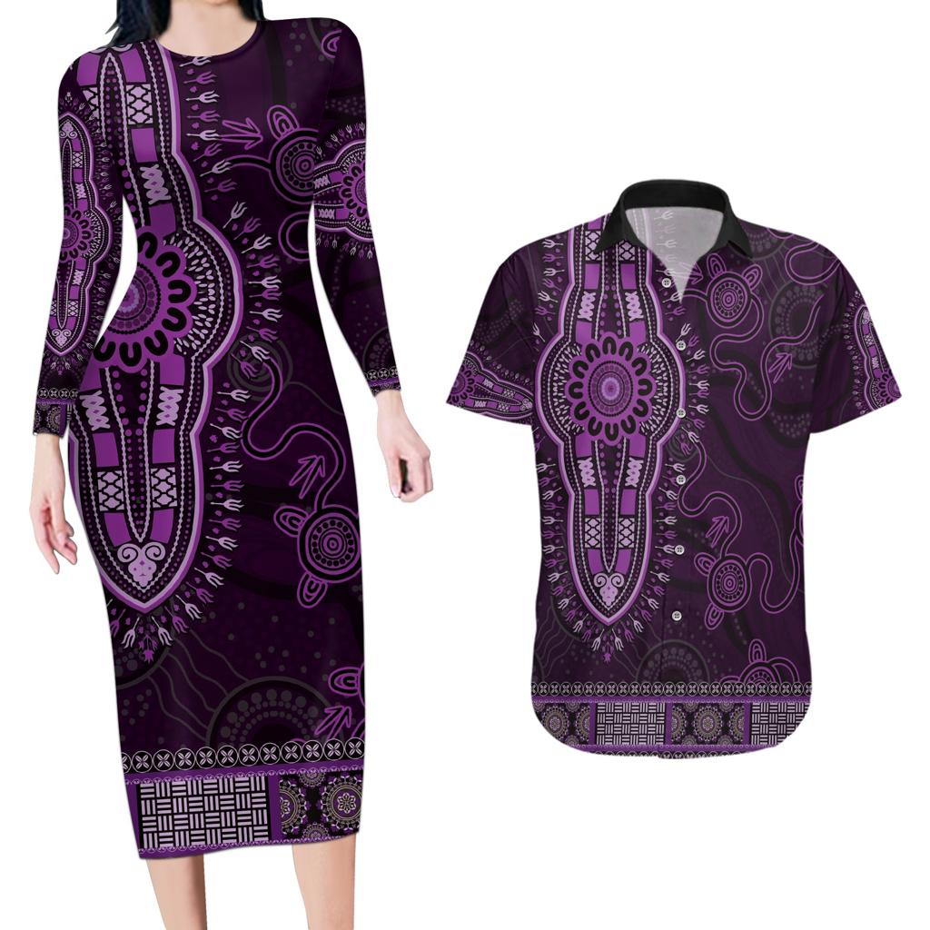 Purple African Dashiki With Australia Aboriginal Art Couples Matching Long Sleeve Bodycon Dress and Hawaiian Shirt