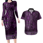 Purple African Dashiki With Australia Aboriginal Art Couples Matching Long Sleeve Bodycon Dress and Hawaiian Shirt