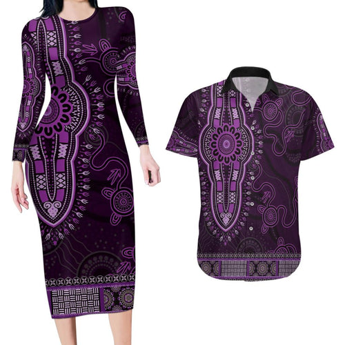 Purple African Dashiki With Australia Aboriginal Art Couples Matching Long Sleeve Bodycon Dress and Hawaiian Shirt