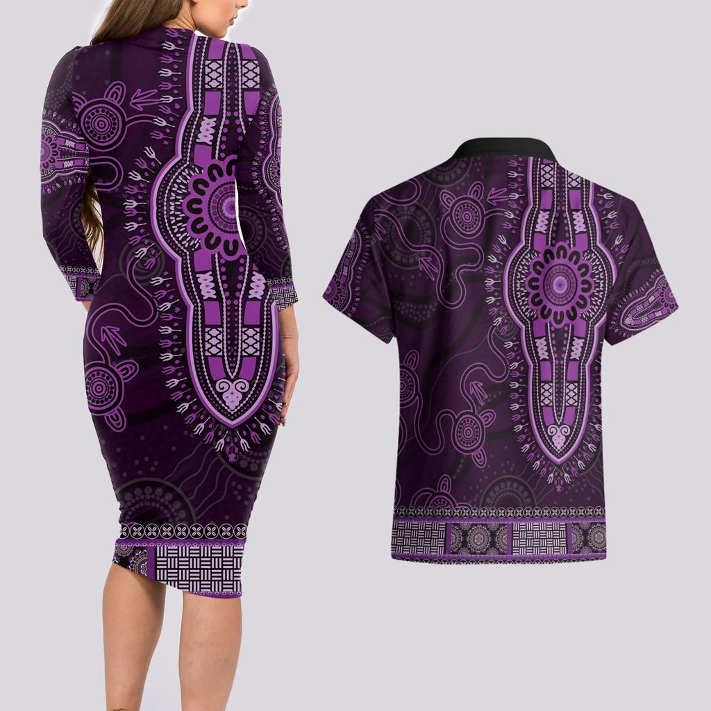Purple African Dashiki With Australia Aboriginal Art Couples Matching Long Sleeve Bodycon Dress and Hawaiian Shirt