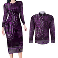 Purple African Dashiki With Australia Aboriginal Art Couples Matching Long Sleeve Bodycon Dress and Long Sleeve Button Shirt