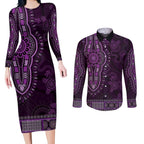 Purple African Dashiki With Australia Aboriginal Art Couples Matching Long Sleeve Bodycon Dress and Long Sleeve Button Shirt