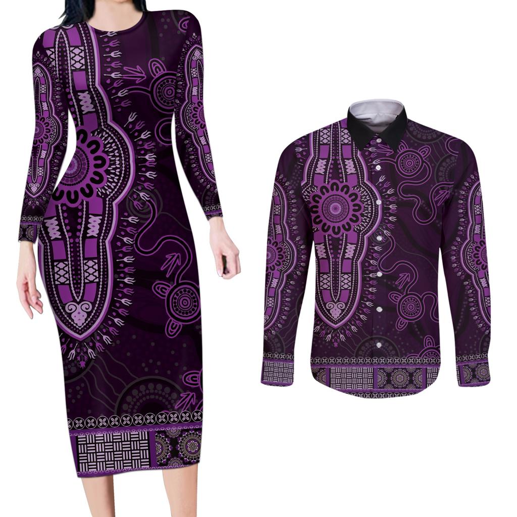 Purple African Dashiki With Australia Aboriginal Art Couples Matching Long Sleeve Bodycon Dress and Long Sleeve Button Shirt