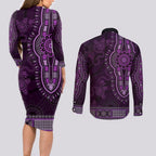 Purple African Dashiki With Australia Aboriginal Art Couples Matching Long Sleeve Bodycon Dress and Long Sleeve Button Shirt