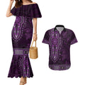Purple African Dashiki With Australia Aboriginal Art Couples Matching Mermaid Dress and Hawaiian Shirt