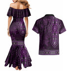 Purple African Dashiki With Australia Aboriginal Art Couples Matching Mermaid Dress and Hawaiian Shirt