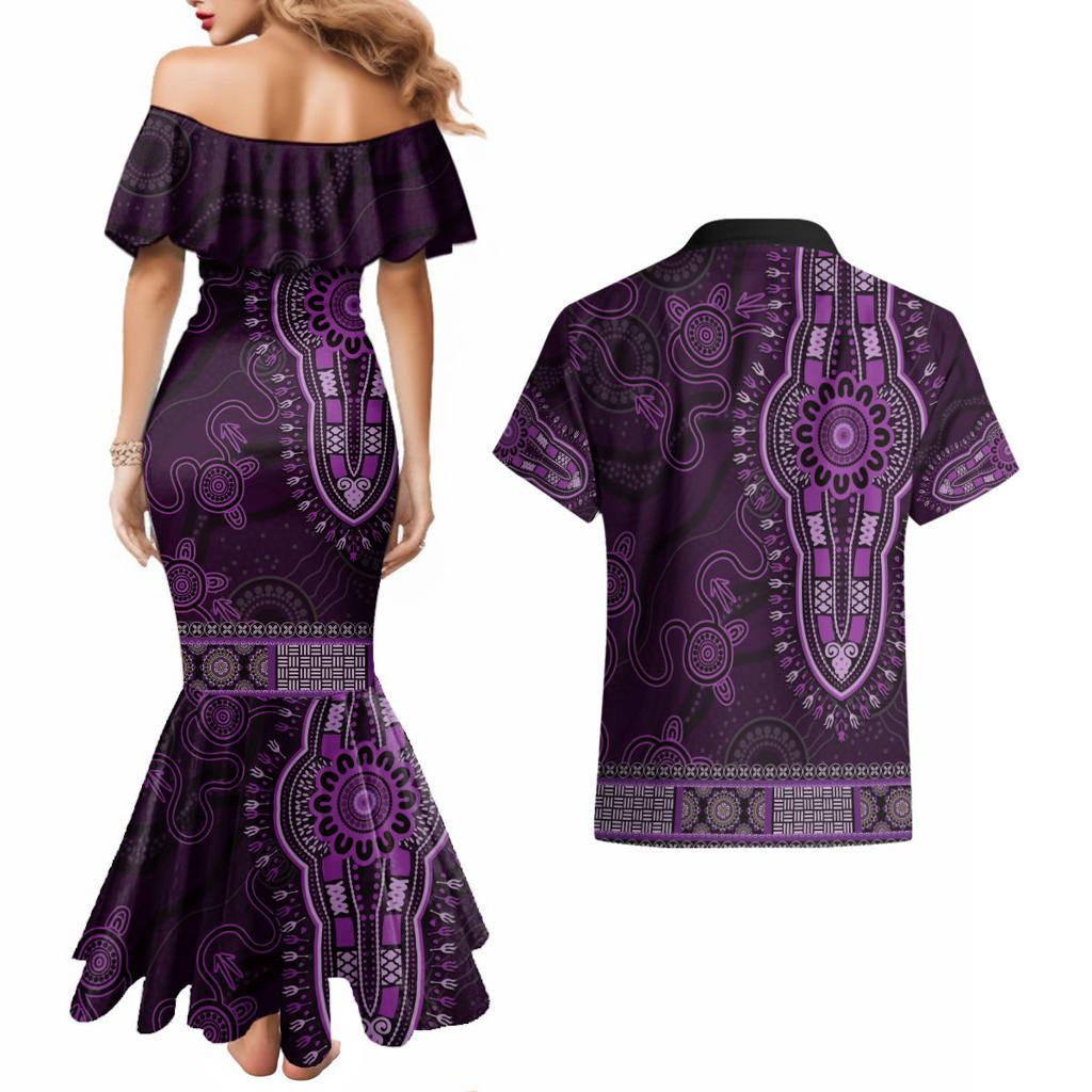 Purple African Dashiki With Australia Aboriginal Art Couples Matching Mermaid Dress and Hawaiian Shirt