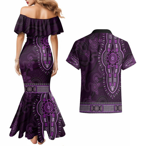 Purple African Dashiki With Australia Aboriginal Art Couples Matching Mermaid Dress and Hawaiian Shirt
