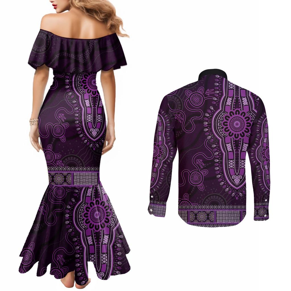 Purple African Dashiki With Australia Aboriginal Art Couples Matching Mermaid Dress and Long Sleeve Button Shirt