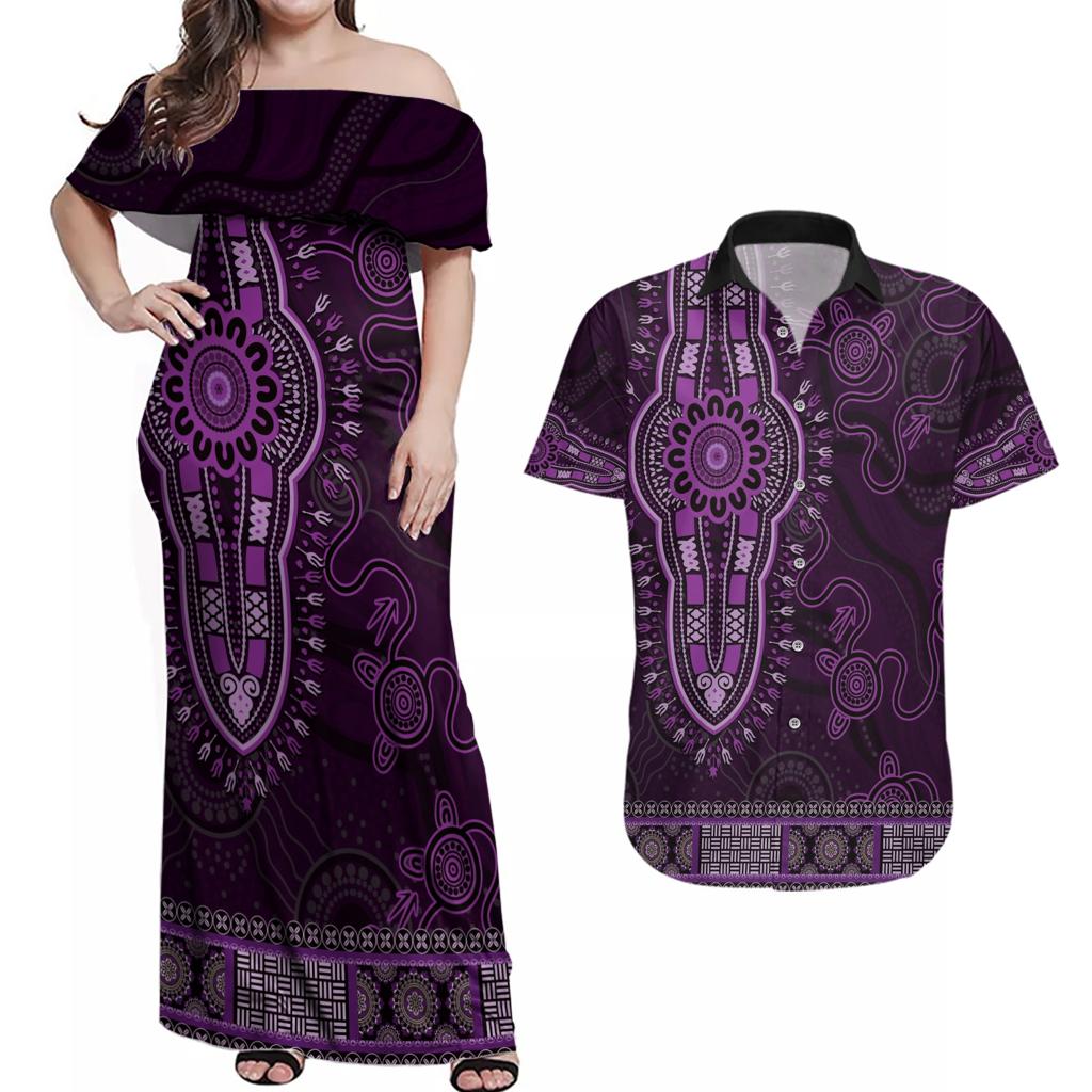 Purple African Dashiki With Australia Aboriginal Art Couples Matching Off Shoulder Maxi Dress and Hawaiian Shirt