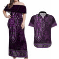 Purple African Dashiki With Australia Aboriginal Art Couples Matching Off Shoulder Maxi Dress and Hawaiian Shirt