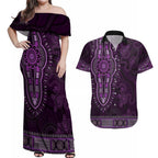 Purple African Dashiki With Australia Aboriginal Art Couples Matching Off Shoulder Maxi Dress and Hawaiian Shirt