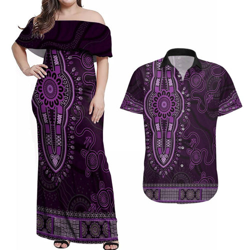 Purple African Dashiki With Australia Aboriginal Art Couples Matching Off Shoulder Maxi Dress and Hawaiian Shirt