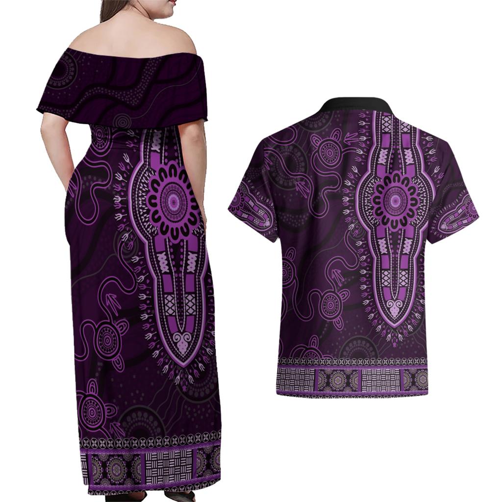 Purple African Dashiki With Australia Aboriginal Art Couples Matching Off Shoulder Maxi Dress and Hawaiian Shirt