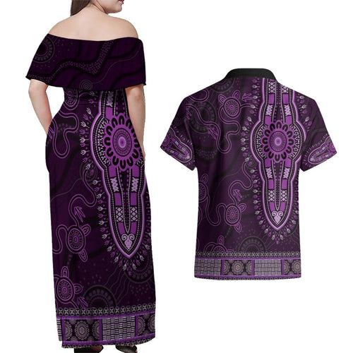 Purple African Dashiki With Australia Aboriginal Art Couples Matching Off Shoulder Maxi Dress and Hawaiian Shirt