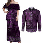 Purple African Dashiki With Australia Aboriginal Art Couples Matching Off Shoulder Maxi Dress and Long Sleeve Button Shirt