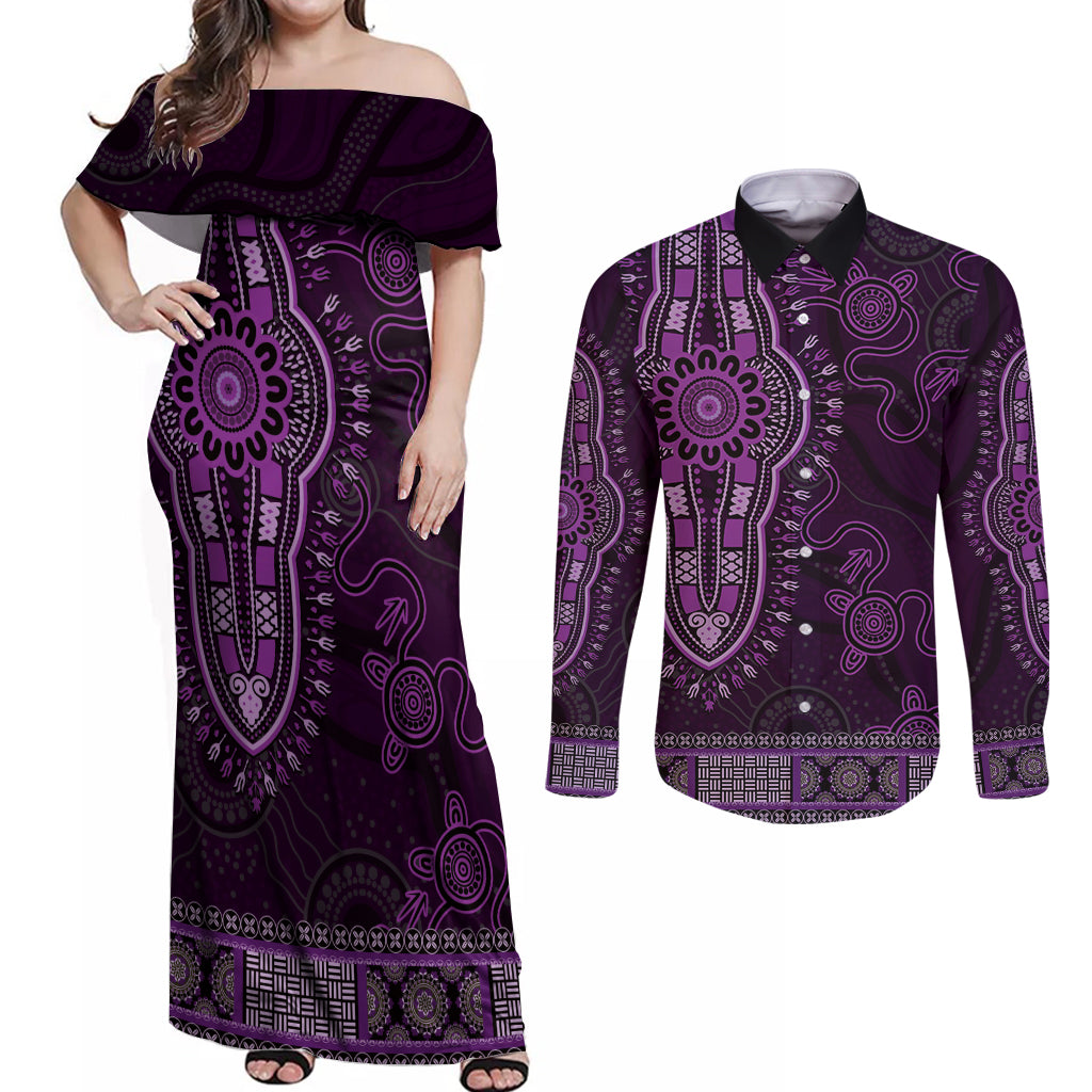 Purple African Dashiki With Australia Aboriginal Art Couples Matching Off Shoulder Maxi Dress and Long Sleeve Button Shirt