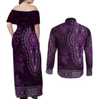 Purple African Dashiki With Australia Aboriginal Art Couples Matching Off Shoulder Maxi Dress and Long Sleeve Button Shirt