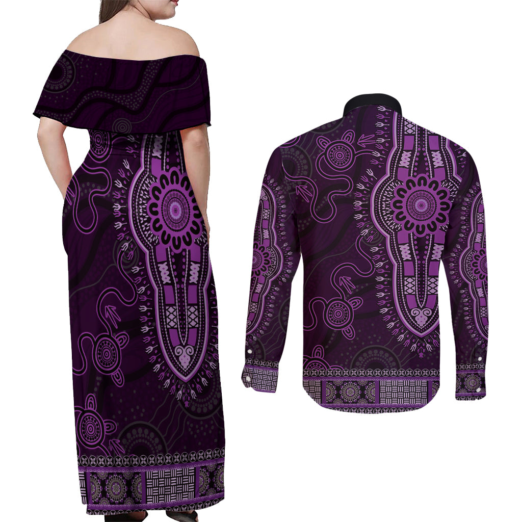 Purple African Dashiki With Australia Aboriginal Art Couples Matching Off Shoulder Maxi Dress and Long Sleeve Button Shirt
