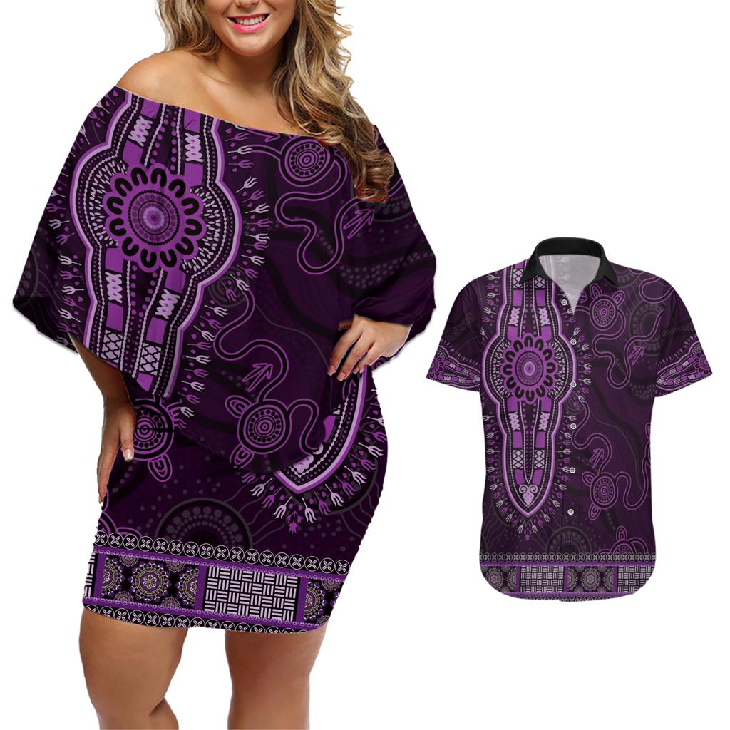 Purple African Dashiki With Australia Aboriginal Art Couples Matching Off Shoulder Short Dress and Hawaiian Shirt