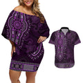 Purple African Dashiki With Australia Aboriginal Art Couples Matching Off Shoulder Short Dress and Hawaiian Shirt